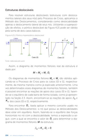 204 U4 – Método da Rigidez e Processo de Cross
Estruturas deslocáveis
Para resolver estruturas deslocáveis (estruturas com desloca-
mentos laterais dos seus nós) pelo Processo de Cross, aplicamos o
Método dos Deslocamentos, considerando como deslocabilidade
apenas o deslocamento lateral de seus nós. Utilizando a superposi-
ção de efeitos, o pórtico deslocável da Figura 4.21 pode ser obtido
pela soma de dois casos básicos.
Figura 4.21 | Pórtico hiperestático deslocável
Fonte: elaborada pelo autor.
Assim, o diagrama de momentos fletores real da estrutura é
dado por:
= + ⋅
M M M D
0 1 1
Os diagramas de momentos fletores M0
e M1
são obtidos apli-
cando-se o Processo de Cross para os casos (0) e (1), respectiva-
mente, da mesma maneira como já explicado anteriormente. Uma
vez determinados esses diagramas de momentos fletores, também
é possível encontrar as reações de apoio dos casos (0) e (1), fazen-
do-se o equilíbrio de cada barra de forma isolada, como já apresen-
tado na Seção 2.3. Assim, encontram-se as reações de apoio b10 e
K11 dos casos (0) e (1), respectivamente.
Para encontrar D1 , basta aplicar o mesmo conceito usado no
Método dos Deslocamentos: o nó que possui as deslocabilidades
deve estar em equilíbrio. Assim, fazendo-se o equilíbrio das forças
horizontais no nó com a deslocabilidade, temos a expressão a se-
guir, com a qual se encontra o valor de D1 para determinar o dia-
grama de momentos fletores M da estrutura:
b + ⋅ =
K D 0
10 11 1
 