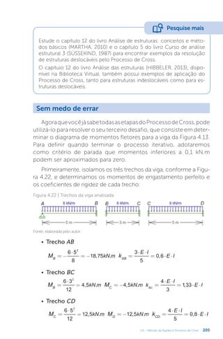 205
U4 – Método da Rigidez e Processo de Cross
Estude o capítulo 12 do livro Análise de estruturas: conceitos e méto-
dos básicos (MARTHA, 2010) e o capítulo 5 do livro Curso de análise
estrutural 3 (SÜSSEKIND, 1987) para encontrar exemplos da resolução
de estruturas deslocáveis pelo Processo de Cross.
O capítulo 12 do livro Análise das estruturas (HIBBELER, 2013), dispo-
nível na Biblioteca Virtual, também possui exemplos de aplicação do
Processo de Cross, tanto para estruturas indeslocáveis como para es-
truturas deslocáveis.
Pesquise mais
Sem medo de errar
AgoraquevocêjásabetodasasetapasdoProcessodeCross,pode
utilizá-lo para resolver o seu terceiro desafio, que consiste em deter-
minar o diagrama de momentos fletores para a viga da Figura 4.13.
Para definir quando terminar o processo iterativo, adotaremos
como critério de parada que momentos inferiores a 0,1 kN.m
podem ser aproximados para zero.
Primeiramente, isolamos os três trechos da viga, conforme a Figu-
ra 4.22, e determinamos os momentos de engastamento perfeito e
os coeficientes de rigidez de cada trecho:
Figura 4.22 | Trechos da viga analisada
Fonte: elaborada pelo autor.
•	 Trecho AB
•	 Trecho BC
•	 Trecho CD
= = = =
−
⋅
−
⋅ ⋅
⋅ ⋅
M k
kN m
E I
E I
6 5
8
18,75 .
3
5
0,6
B AB
2
= = = =
⋅
= −
⋅ ⋅
⋅ ⋅
M M
kN m kN m k
E I
E I
6 3
12
4,5 . 4,5 .
4
3
1,33
B C BC
2
= = = =
⋅
= −
⋅ ⋅
⋅ ⋅
M M k
kN m kN m
E I
E I
6 5
12
12,5 . 12,5 .
4
5
0,8
C D CD
2
 