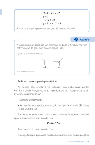 U1 - Grau de hiperestaticidade 27
Ambos os arranjos apresentam um grau de hiperestaticidade.
R    
3 2 2 7
E = 3
r   
1 2 3
g    
7 3 3 1
( )
Fonte: elaborada pela autora.
Figura 1.20 | Modelos de rótula
A forma com que as rótulas são colocadas na barra, é fundamental para
determinação do grau hiperestático (Figura 1.20).
Treliças com um grau hiperestático
As treliças são amplamente utilizadas em coberturas, pontes
etc. Para determinação do grau hiperestático, as incógnitas a serem
resolvidas nas treliças são:
• Número de barras (b).
• As reações nos apoios em função do tipo de vínculo (R), dadas
pelo Quadro 1.2.
Para uma estrutura isostática, a soma destas incógnitas deve ser
igual a duas vezes o número de nós:
R b n
  2 *
Sendo que n é o número de nós.
Isso significa que para cada nó da estrutura teremos duas equações.
Assimile
 