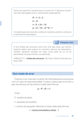 U1 - Grau de hiperestaticidade 29
Neste caso específico, as barras que se cruzam em “x” apenas se cruzam,
mas não estão ligadas entre si, sendo barras independentes.
A incógnita para este caso são os esforços nas barras, portanto, a estrutura
é internamente hiperestática.
R   
1 2 3
b = 14
n n
  
8 2 16
g    
( ) ( * )
3 14 2 8 1
O livro Análise das estruturas conta com uma sala virtual, que oferece
materiais digitais para explicar os conceitos clássicos da hiperestática.
Também apresenta soluções em vídeo como parte de um kit de
aprendizado visual que facilita a compreensão.
HIBBELER, R. C. Análise das estruturas. São Paulo: Pearson Education do
Brasil, 2013.
O pórtico a ser colocado no jardim do hotel apresenta sua estrutura
com um grau de hiperestaticidade. O passo a passo para encontrar o
grau da estrutura do tipo pórtico é dado pela fórmula:
g R E r
  
( )
Onde:
R: reações de apoio.
E: equações de equilíbrio.
r: número de equações referentes à rótula, dado pela fórmula:
r barras conectadas a rótula
 
. . . 1
Pesquise mais
Sem medo de errar
 