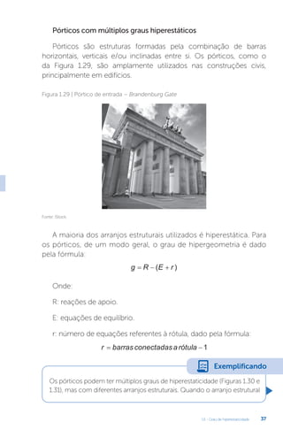 U1 - Grau de hiperestaticidade 37
Pórticos com múltiplos graus hiperestáticos
Pórticos são estruturas formadas pela combinação de barras
horizontais, verticais e/ou inclinadas entre si. Os pórticos, como o
da Figura 1.29, são amplamente utilizados nas construções civis,
principalmente em edifícios.
A maioria dos arranjos estruturais utilizados é hiperestática. Para
os pórticos, de um modo geral, o grau de hipergeometria é dado
pela fórmula:
g R E r
  
( )
Onde:
R: reações de apoio.
E: equações de equilíbrio.
r: número de equações referentes à rótula, dado pela fórmula:
r barras conectadasarótula
 1
Fonte: iStock.
Figura 1.29 | Pórtico de entrada – Brandenburg Gate
Os pórticos podem ter múltiplos graus de hiperestaticidade (Figuras 1.30 e
1.31), mas com diferentes arranjos estruturais. Quando o arranjo estrutural
Exemplificando
 