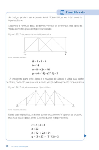 U1 - Grau de hiperestaticidade
40
A incógnita para este caso é a reação de apoio e uma das barras
centrais, portanto, a estrutura, é duas vezes externamente hiperestática.
As treliças podem ser externamente hiperestáticas ou internamente
hiperestáticas.
Seguindo a fórmula dada, podemos verificar as diferenças dos tipos de
treliça com dois graus de hiperestaticidade:
Neste caso específico, as barras que se cruzam em “x” apenas se cruzam,
mas não estão ligadas entre si, sendo barras independentes.
Fonte: elaborada pelo autor.
Fonte: elaborada pelo autor.
Figura 1.33 | Treliça externamente hiperestática
Figura 1.34 | Treliça internamente hiperestática
R   
2 2 4
b = 14
n n
  
8 2 16
g    
( ) ( * )
4 14 2 8 2
R   
1 2 3
b = 23
n n
  
12 2 24
g    
( ) ( * )
3 23 2 12 2
Exemplificando
 