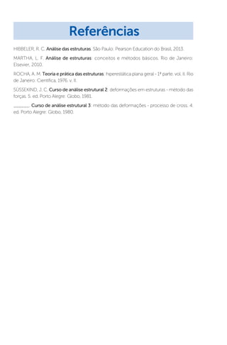 HIBBELER, R. C. Análise das estruturas. São Paulo: Pearson Education do Brasil, 2013.
MARTHA, L. F. Análise de estruturas: conceitos e métodos básicos. Rio de Janeiro:
Elsevier, 2010.
ROCHA, A. M. Teoria e prática das estruturas: hiperestática plana geral - 1ª parte. vol. II. Rio
de Janeiro: Científica, 1976. v. II.
SÜSSEKIND, J. C. Curso de análise estrutural 2: deformações em estruturas - método das
forças. 5. ed. Porto Alegre: Globo, 1981.
______. Curso de análise estrutural 3: método das deformações - processo de cross. 4.
ed. Porto Alegre: Globo, 1980.
Referências
 
