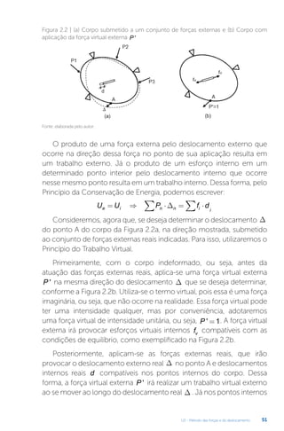 U2 - Método das forças e do deslocamento 51
Fonte: elaborada pelo autor.
Figura 2.2 | (a) Corpo submetido a um conjunto de forças externas e (b) Corpo com
aplicação da força virtual externa P '
O produto de uma força externa pelo deslocamento externo que
ocorre na direção dessa força no ponto de sua aplicação resulta em
um trabalho externo. Já o produto de um esforço interno em um
determinado ponto interior pelo deslocamento interno que ocorre
nesse mesmo ponto resulta em um trabalho interno. Dessa forma, pelo
Princípio da Conservação de Energia, podemos escrever:
U U P f d
e i n n i i
= ⇒ ⋅ = ⋅
∑
∑ ∆
Consideremos, agora que, se deseja determinar o deslocamento D
do ponto A do corpo da Figura 2.2a, na direção mostrada, submetido
ao conjunto de forças externas reais indicadas. Para isso, utilizaremos o
Princípio do Trabalho Virtual.
Primeiramente, com o corpo indeformado, ou seja, antes da
atuação das forças externas reais, aplica-se uma força virtual externa
P ' na mesma direção do deslocamento D que se deseja determinar,
conforme a Figura 2.2b. Utiliza-se o termo virtual, pois essa é uma força
imaginária, ou seja, que não ocorre na realidade. Essa força virtual pode
ter uma intensidade qualquer, mas por conveniência, adotaremos
uma força virtual de intensidade unitária, ou seja, P ' =1. A força virtual
externa irá provocar esforços virtuais internos fv compatíveis com as
condições de equilíbrio, como exemplificado na Figura 2.2b.
Posteriormente, aplicam-se as forças externas reais, que irão
provocar o deslocamento externo real D no ponto A e deslocamentos
internos reais d compatíveis nos pontos internos do corpo. Dessa
forma, a força virtual externa P ' irá realizar um trabalho virtual externo
ao se mover ao longo do deslocamento real D . Já nos pontos internos
 