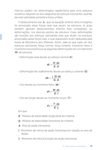 U2 - Método das forças e do deslocamento 53
internos podem ser determinados rapidamente para uma estrutura
isostática, traçando os seus diagramas de esforços solicitantes, quando
ela está submetida somente à força unitária.
O deslocamento real D , que na equação anterior será a incógnita,
foi provocado pelas forças reais que atuam na estrutura, as quais
também geraram deslocamentos internos reais compatíveis, ou
deformações, nos diversos pontos da estrutura. Essas deformações
são funções dos esforços solicitantes reais que atuam na estrutura,
provocados pelas forças reais, e suas expressões foram deduzidas pela
teoria de Resistência dos Materiais. Assim, sabe-se que cada um dos
esforços solicitantes (força normal, força cortante, momento fletor e
momento torçor) provoca as seguintes deformações em um elemento
dx da estrutura:
- Deformação axial devido ao esforço normal (N ):
dL
N dx
E A
=
⋅
⋅
- Deformação de cisalhamento devido ao esforço cortante (Q ):
dh
Q dx
G A
=
⋅ ⋅
⋅
c
- Giro devido ao momento fletor (M ):
d
M dx
E I
q =
⋅
⋅
- Giro de torção devido ao momento torçor (T ):
d
T dx
E It
j =
⋅
⋅
Em que:
E : Módulo de elasticidade longitudinal do material.
G : Módulo de elasticidade transversal do material.
A : Área da seção transversal.
I : Momento de inércia da seção transversal em relação ao eixo de
flexão.
It : Momento de inércia à torção da seção transversal.
 