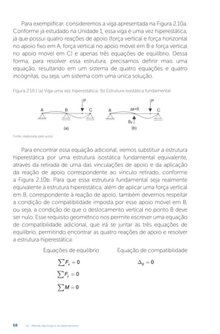 U2 - Método das forças e do deslocamento
68
Para exemplificar, consideremos a viga apresentada na Figura 2.10a.
Conforme já estudado na Unidade 1, essa viga é uma vez hiperestática,
já que possui quatro reações de apoio (força vertical e força horizontal
no apoio fixo em A, força vertical no apoio móvel em B e força vertical
no apoio móvel em C) e apenas três equações de equilíbrio. Dessa
forma, para resolver essa estrutura, precisamos definir mais uma
equação, resultando em um sistema de quatro equações e quatro
incógnitas, ou seja, um sistema com uma única solução.
Fonte: elaborada pelo autor.
Figura 2.10 | (a) Viga uma vez hiperestática; (b) Estrutura isostática fundamental
Para encontrar essa equação adicional, iremos substituir a estrutura
hiperestática por uma estrutura isostática fundamental equivalente,
através da retirada de uma das vinculações de apoio e da aplicação
da reação de apoio correspondente ao vínculo retirado, conforme
a Figura 2.10b. Para que essa estrutura fundamental seja realmente
equivalente à estrutura hiperestática, além de aplicar uma força vertical
em B, correspondente à reação de apoio, também devemos respeitar
a condição de compatibilidade imposta por esse apoio móvel em B,
ou seja, a condição de que o deslocamento vertical no ponto B deve
ser nulo. Esse requisito geométrico nos permite escrever uma equação
de compatibilidade adicional, que irá se juntar às três equações de
equilíbrio, permitindo encontrar as quatro reações de apoio e resolver
a estrutura hiperestática:
Equações de equilíbrio Equação de compatibilidade
Fx B
∑ = =
0 0
∆
Fy
∑ = 0
M
∑ = 0
 