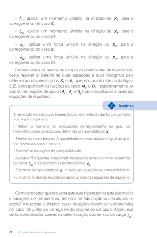 U2 - Método das forças e do deslocamento
74
- d11 : aplicar um momento unitário na direção de X1
, para o
carregamento do caso (1);
- d12
: aplicar um momento unitário na direção de X1
, para o
carregamento do caso (2);
- d21
: aplicar uma força unitária na direção de X2
, para o
carregamento do caso (1);
- d22
: aplicar uma força unitária na direção de X2
, para o
carregamento do caso (2).
Determinados os termos de carga e os coeficientes de flexibilidade,
basta resolver o sistema de duas equações e duas incógnitas para
determinar os hiperestáticos X1 e X2
, que, no caso do pórtico da Figura
2.15, correspondem às reações de apoio MA e Bx , respectivamente. As
outras três reações de apoio ( Ax , Ay
e By
) são encontradas através das
equações de equilíbrio.
A resolução de estruturas hiperestáticas pelo método das forças consiste
nos seguintes passos:
- Retirar o número de vinculações correspondente ao grau de
hiperestaticidade da estrutura, definindo os hiperestáticos Xi
.
- Montar os casos básicos. A quantidade de casos básicos é igual ao grau
de hiperestaticidade mais um.
- Escrever as equações de compatibilidade.
- Aplicar o PTV quantas vezes forem necessárias para determinar os termos
de carga di 0
e os coeficientes de flexibilidade dij
.
- Encontrar os hiperestáticos Xi
através das equações de compatibilidade.
- Encontrar as demais reações de apoio através das equações de equilíbrio.
Como proceder quando uma estrutura hiperestática está submetida
a variações de temperatura, defeitos de fabricação ou recalques de
apoio? A resposta é simples: essas situações devem ser consideradas
no caso (0), junto ao carregamento original da estrutura. Assim, elas
serão consideradas apenas na determinação dos termos de carga di 0
.
Assimile
 