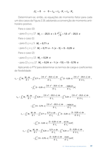 U2 - Método das forças e do deslocamento 77
∆C
v
X X
= ⇒ = + ⋅ + ⋅
0 0 20 21 1 22 2
d d d
Determinam-se, então, as equações de momento fletor para cada
um dos casos da Figura 2.19, adotando a convenção de momento anti-
horário positivo.
Para o caso (0):
- para 0 ≤ x ≤ 17: M x x x x
0
2 2
25 5 3
2
15 25 5
= − ⋅ + ⋅ = ⋅ − ⋅
, , ,
Para o caso (1):
- para 0 ≤ x ≤ 5: M x
1 0 71
= ⋅
,
- para 5 ≤ x ≤ 17: M x x x
1 0 71 1 5 5 0 29
= ⋅ − ⋅ −
( ) = − ⋅
, ,
Para o caso (2):
- para 0 ≤ x ≤ 13: M x
2 0 24
= ⋅
,
- para 13 ≤ x ≤ 17: M x x x
2 0 24 1 13 13 0 76
= ⋅ − ⋅ −
( ) = − ⋅
, ,
Aplicando o PTV para determinar os termos de carga e coeficientes
de flexibilidade:
d10 1
0
0
2
0
5
0 71
15 25 5
5 0 29
= ⋅
⋅
⋅
= ⋅ ⋅
⋅ − ⋅
( )⋅
⋅
+ −
∫ ∫
M
M dx
E I
x
x x dx
E I
L
C
,
, ,
, ⋅
⋅
( )⋅
⋅ − ⋅
( )⋅
⋅ ⋅
+
∫ x
x x dx
E IC
15 25 5
2
2
5
13 , ,
+ − ⋅
( )⋅
⋅ − ⋅
( )⋅
⋅
=
−
⋅
[ ]
∫ 5 0 29
15 25 5 1695 21
2
13
17
,
, , ,
x
x x dx
E I E I
m
C C
d20 2
0
0
2
0
5
0 24
15 25 5
0 24
= ⋅
⋅
⋅
= ⋅ ⋅
⋅ − ⋅
( )⋅
⋅
+ ⋅
∫ ∫
M
M dx
E I
x
x x dx
E I
x
L
C
,
, ,
, ⋅
⋅
⋅ − ⋅
( )⋅
⋅ ⋅
+
∫
15 25 5
2
2
5
13 , ,
x x dx
E IC
+ − ⋅
( )⋅
⋅ − ⋅
( )⋅
⋅
=
−
⋅
[ ]
∫ 13 0 76
15 25 5 1409 31
2
13
17
,
, , ,
x
x x dx
E I E I
m
C C
d11 1
1
0 0
5
0 71
0 71
5 0 29
5 0
= ⋅
⋅
⋅
= ⋅ ⋅
⋅ ⋅
⋅
+ − ⋅
( )⋅
−
∫ ∫
M
M dx
E I
x
x dx
E I
x
L
C
,
,
,
,2
29
2
5
13 ⋅
( )⋅
⋅ ⋅
+
∫
x dx
E IC
+ − ⋅
( )⋅
− ⋅
( )⋅
⋅
=
⋅
[ ]
∫ 5 0 29
5 0 29 47 79
13
17
,
, ,
x
x dx
E I E I
m tf
C C
d12 1
2
0 0
5
0 24
0 71
0 24
5 0 29
= ⋅
⋅
⋅
= ⋅ ⋅
⋅ ⋅
⋅
+ ⋅ ⋅
− ⋅
∫ ∫
M
M dx
E I
x
x dx
E I
x
x
L
C
,
,
,
,
(
( )⋅
⋅ ⋅
+
∫
dx
E IC
2
5
13
+ − ⋅
( )⋅
− ⋅
( )⋅
⋅
=
⋅
[ ]
∫ 13 0 76
5 0 29 3161
13
17
,
, ,
x
x dx
E I E I
m tf
C C
 