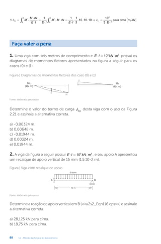 U2 - Método das forças e do deslocamento
80
1
1 1 1
3
10 10 10
10
11
0 0
11
⋅ = ⋅
⋅
⋅
=
⋅
⋅ ⋅ =
⋅
⋅ ⋅ ⋅ ⋅ ⇒ =
∫ ∫
d d
M
M dx
E I E I
M M dx
E I
L L
' '
3
3
3⋅ ⋅
[ ]
E I
para cima m kN
1. Uma viga com seis metros de comprimento e E I kN m
⋅ = ⋅
105 2
possui os
diagramas de momentos fletores apresentados na figura a seguir para os
casos (0) e (1).
Determine o valor do termo de carga d10
desta viga com o uso da Figura
2.21 e assinale a alternativa correta.
a) -0,00324 m.
b) 0,00648 m.
c) -0,01944 m.
d) 0,00324 m.
e) 0,01944 m.
2. A viga da figura a seguir possui E I kN m
⋅ = ⋅
105 2
, e seu apoio A apresentou
um recalque de apoio vertical de 15 mm (1,5.10-2 m).
Determine a reação de apoio vertical em B (u2s2_Eqn116.eps) e assinale
a alternativa correta.
a) 28,125 kN para cima.
b) 18,75 kN para cima.
Fonte: elaborada pelo autor.
Fonte: elaborada pelo autor.
Figura | Diagramas de momentos fletores dos caso (0) e (1)
Figura | Viga com recalque de apoio
Faça valer a pena
 