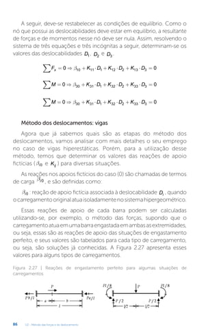 U2 - Método das forças e do deslocamento
86
A seguir, deve-se restabelecer as condições de equilíbrio. Como o
nó que possui as deslocabilidades deve estar em equilíbrio, a resultante
de forças e de momentos nesse nó deve ser nula. Assim, resolvendo o
sistema de três equações e três incógnitas a seguir, determinam-se os
valores das deslocabilidades D1 , D2
e D3
.
F K D K D K D
x
∑ = ⇒ + ⋅ + ⋅ + ⋅ =
0 0
10 11 1 12 2 13 3
b
M K D K D K D
∑ = ⇒ + ⋅ + ⋅ + ⋅ =
0 0
30 31 1 32 2 33 3
b
M K D K D K D
∑ = ⇒ + ⋅ + ⋅ + ⋅ =
0 0
30 31 1 32 2 33 3
b
Método dos deslocamentos: vigas
Agora que já sabemos quais são as etapas do método dos
deslocamentos, vamos analisar com mais detalhes o seu emprego
no caso de vigas hiperestáticas. Porém, para a utilização desse
método, temos que determinar os valores das reações de apoio
fictícias ( bi0 e Kij ) para diversas situações.
As reações nos apoios fictícios do caso (0) são chamadas de termos
de carga
bi0 , e são definidas como:
bi0 : reação de apoio fictícia associada à deslocabilidade Di , quando
ocarregamentooriginalatuaisoladamentenosistemahipergeométrico.
Essas reações de apoio de cada barra podem ser calculadas
utilizando-se, por exemplo, o método das forças, supondo que o
carregamentoatuaemumabarraengastadaemambasasextremidades,
ou seja, essas são as reações de apoio das situações de engastamento
perfeito, e seus valores são tabelados para cada tipo de carregamento,
ou seja, são soluções já conhecidas. A Figura 2.27 apresenta esses
valores para alguns tipos de carregamentos.
Figura 2.27 | Reações de engastamento perfeito para algumas situações de
carregamentos
 