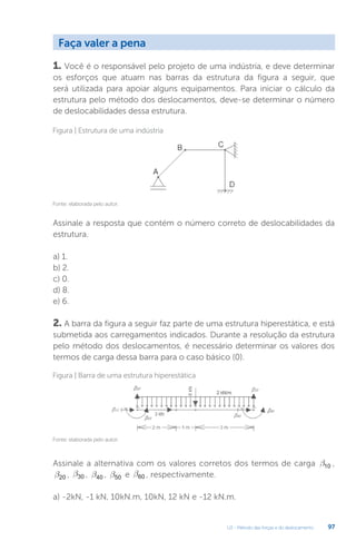U2 - Método das forças e do deslocamento 97
1. Você é o responsável pelo projeto de uma indústria, e deve determinar
os esforços que atuam nas barras da estrutura da figura a seguir, que
será utilizada para apoiar alguns equipamentos. Para iniciar o cálculo da
estrutura pelo método dos deslocamentos, deve-se determinar o número
de deslocabilidades dessa estrutura.
Assinale a resposta que contém o número correto de deslocabilidades da
estrutura.
a) 1.
b) 2.
c) 0.
d) 8.
e) 6.
2. A barra da figura a seguir faz parte de uma estrutura hiperestática, e está
submetida aos carregamentos indicados. Durante a resolução da estrutura
pelo método dos deslocamentos, é necessário determinar os valores dos
termos de carga dessa barra para o caso básico (0).
Assinale a alternativa com os valores corretos dos termos de carga b10 ,
b20 , b30 , b40 , b50 e b60 , respectivamente.
a) -2kN, -1 kN, 10kN.m, 10kN, 12 kN e -12 kN.m.
Fonte: elaborada pelo autor.
Fonte: elaborada pelo autor.
Figura | Estrutura de uma indústria
Figura | Barra de uma estrutura hiperestática
Faça valer a pena
 
