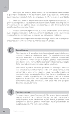 U3
120 Relações interpessoais
•	 Realização: ter intenção de ser melhor, de desenvolver-se continuamente,
o que implica estabelecer metas desafiadoras, sejam elas pessoais ou profissionais,
assumindo algum risco (calculado). Isso exige busca de informações e de aprendizado.
•	 Dedicação: intenção de alinhar-se com metas e objetivos sejam pessoais, do
grupo ou da organização a que pertence, buscando oportunidades para atingi-los, por
entender que eles são legítimos e que o seu trabalho pode fazer diferença, tomando
decisões que favoreçam esse “todo”.
•	 Iniciativa: demonstrar proatividade, buscando oportunidades e indo além do
que é exigido para seu cargo ou função, vencendo obstáculos, como a burocracia e
regras ineficientes, e mobilizando pessoas por sua criatividade e ineditismo.
•	 Otimismo: mostrar persistência e esperar alcançar sucesso em seus objetivos,
encarando as dificuldades como circunstâncias a serem vencidas.
Exemplificando
Ellen é atendente de um call center e chegou atrasada para o trabalho, pois
no caminho houve um acidente de trânsito. Ela assumiu imediatamente
seu posto de trabalho e, ao atender à primeira chamada, a cliente tinha
uma reclamação sobre o serviço da empresa, pedindo o cancelamento.
Ellen discutiu com a cliente, não fez o cancelamento e encerrou a ligação.
Ela foi chamada pela supervisora para explicar sua atitude.
Nesse caso, é possível entender que Ellen não conseguiu identificar
suas emoções (autoconhecimento) e lidar com elas (autorregulação),
transferindo os sentimentos negativos (raiva, indignação, impotência,
entre outros) para o seu trabalho. Caso Ellen tivesse entendido que sua
emoção negativa estaria dirigida a uma situação ocasional (o atraso)
e pela qual a cliente não tinha responsabilidade, poderia ter feito um
atendimento adequado (empatia) e, além disso, não teria que pedir
desculpas a sua supervisora.
Faça você mesmo
Como você age em situações de pressão? Pense, relembre uma situação
parecida e reflita sobre como agiu. Discuta com seus colegas que já
passaram por situações semelhantes. A partir do que já aprendeu sobre
competências pessoais, procure refletir sobre novas possibilidades de
atuação que possam ter melhores resultados.
 