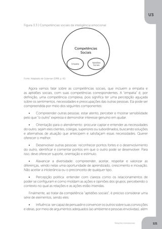 U3
121
Relações interpessoais
Agora vamos falar sobre as competências sociais, que incluem a empatia e
as aptidões sociais, com suas competências correspondentes. A “empatia” é, por
definição, uma competência complexa, pois significa ter uma percepção aguçada
sobre os sentimentos, necessidades e preocupações das outras pessoas. Ela pode ser
compreendida por meio dos seguintes componentes:
•	 Compreender outras pessoas: estar atento, perceber e mostrar sensibilidade
pelo que “o outro” expressa e demonstrar interesse genuíno em ajudar.
•	 Orientação para o atendimento: procurar captar e entender as necessidades
do outro, sejam eles clientes, colegas, superiores ou subordinados, buscando soluções
e alternativas de atuação que antecipem e satisfaçam essas necessidades. Querer
oferecer o melhor.
•	 Desenvolver outras pessoas: reconhecer pontos fortes e o desenvolvimento
do outro, identificar e comentar pontos em que o outro pode se desenvolver. Para
isso, deve oferecer suporte, orientação e estímulo.
•	 Alavancar a diversidade: compreender, aceitar, respeitar e valorizar as
diferenças, vendo nelas uma oportunidade de aprendizado, crescimento e inovação.
Não aceitar a intolerância ou o preconceito de qualquer tipo.
•	 Percepção política: entender com clareza como os relacionamentos de
poder se configuram e como moldam as ações e opiniões dos grupos, percebendo o
contexto no qual as relações e as ações estão inseridas.
Finalmente, ao tratar da competência “aptidões sociais”, é preciso considerar uma
série de elementos, sendo eles:
•	 Influência:sercapazdepersuadireconvencerosoutrossobresuasconvicções
e ideias, por meio de argumentos adequados (ao ambiente e pessoas envolvidas), além
Fonte: Adaptado de Goleman (1999, p. 41).
Figura 3.3 | Competências sociais da inteligência emocional
Aptidões
Sociais
Competências
Sociais
Empatia
 