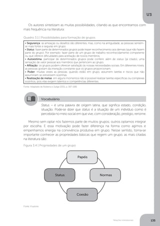 U3
135
Relações interpessoais
Os autores sintetizam as muitas possibilidades, citando as que encontramos com
mais frequência na literatura:
Mesmo sem optar nós fazemos parte de muitos grupos; outros optamos integrar
por escolha. E essa motivação pode fazer diferença na forma como agimos e
empenhamos energia na convivência produtiva em grupo. Nesse sentido, torna-se
importante conhecer as propriedades básicas que regem um grupo, as mais citadas
na literatura são:
Fonte: Adaptado de Robbins e Judge (2011, p. 187-188)
Quadro 3.1 | Possibilidades para formação de grupos
• Segurança: as ameaças ou desafios são diferentes, mas, como na antiguidade, as pessoas sentem-
se mais fortes e seguras em grupo.
• Status: fazer parte de determinados grupos pode trazer reconhecimento aos demais (que não fazem
parte do grupo). Por exemplo: fazer parte de um grupo de trabalho reconhecidamente competente
ou que oferece dificuldades para aceitação de novos membros.
• Autoestima: participar de determinados grupos pode conferir, além de status (já citado), uma
sensação de valor pessoal aos membros que pertencem ao grupo.
• Afiliação: os grupos podem oferecer satisfação às nossas necessidades sociais. Em diferentes níveis,
as pessoas gostam da interação constante que os grupos proporcionam.
• Poder: muitas vezes as pessoas, quando estão em grupo, assumem tarefas e riscos que não
assumiriam se estivessem sozinhas.
• Realização de metas: em alguns momentos não é possível realizar tarefas específicas ou complexas
sozinhos, pois elas exigem talentos e competências diferentes.
Vocabulário
Status – é uma palavra de origem latina, que significa estado, condição,
situação. Pode-se dizer que status é a situação de um indivíduo como é
percebida no meio social em que vive, com consideração, prestígio, renome.
Fonte: A autora
Figura 3.4 | Propriedades de um grupo
Papéis
Coesão
Normas
Status
 