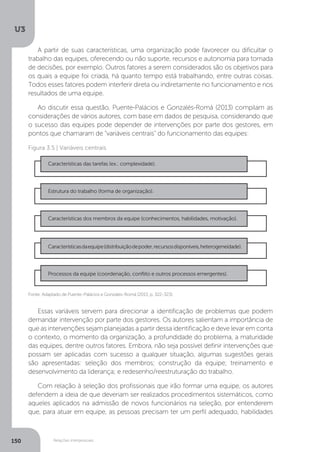 U3
150 Relações interpessoais
A partir de suas características, uma organização pode favorecer ou dificultar o
trabalho das equipes, oferecendo ou não suporte, recursos e autonomia para tomada
de decisões, por exemplo. Outros fatores a serem considerados são os objetivos para
os quais a equipe foi criada, há quanto tempo está trabalhando, entre outras coisas.
Todos esses fatores podem interferir direta ou indiretamente no funcionamento e nos
resultados de uma equipe.
Ao discutir essa questão, Puente-Palácios e Gonzalés-Romá (2013) compilam as
considerações de vários autores, com base em dados de pesquisa, considerando que
o sucesso das equipes pode depender de intervenções por parte dos gestores, em
pontos que chamaram de “variáveis centrais” do funcionamento das equipes:
Essas variáveis servem para direcionar a identificação de problemas que podem
demandar intervenção por parte dos gestores. Os autores salientam a importância de
que as intervenções sejam planejadas a partir dessa identificação e deve levar em conta
o contexto, o momento da organização, a profundidade do problema, a maturidade
das equipes, dentre outros fatores. Embora, não seja possível definir intervenções que
possam ser aplicadas com sucesso a qualquer situação, algumas sugestões gerais
são apresentadas: seleção dos membros; construção da equipe; treinamento e
desenvolvimento da liderança; e redesenho/reestruturação do trabalho.
Com relação à seleção dos profissionais que irão formar uma equipe, os autores
defendem a ideia de que deveriam ser realizados procedimentos sistemáticos, como
aqueles aplicados na admissão de novos funcionários na seleção, por entenderem
que, para atuar em equipe, as pessoas precisam ter um perfil adequado, habilidades
Fonte: Adaptado de Puente-Palácios e Gonzalés-Romá (2013, p. 322-323).
Figura 3.5 | Variáveis centrais
Características das tarefas (ex.: complexidade).
Estrutura do trabalho (forma de organização).
Características dos membros da equipe (conhecimentos, habilidades, motivação).
Processos da equipe (coordenação, conflito e outros processos emergentes).
Característicasdaequipe(distribuiçãodepoder,recursosdisponíveis,heterogeneidade).
 