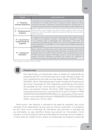 U4
205
Conceitos e práticas da qualidade de vida no trabalho (QVT)
Quadro 4.10 | Modelo descritivo
ETAPAS CARACTERÍSTICAS
1ª - Pesquisa e
avaliação diagnóstica
Inicialmente faz-se a pesquisa e análise para a compreensão de como surgem
a demanda e o mandato para iniciar o programa. Depois, seguem as fases
de escolha do gestor, obtenção do suporte das lideranças, formação de um
comitê ou grupo de trabalho, avaliação das necessidades e análise diagnóstica.
2ª – Planejamento do
programa
Define onde se quer chegar, o que deve ser feito, quando, como e em que
sequência. Isso implica definir objetivos e escolher melhores meios e ações
para alcançá-los.
3ª – Lançamento e
implementação do
programa
É a etapa na qual os planos que foram desenvolvidos serão implementados.
O desenho do programa é ativado, a estratégia de marketing é iniciada
e os incentivos para a participação são comunicados. Tudo deve ser
cuidadosamente preparado para oferecer um serviço de qualidade dentro dos
prazos estipulados no calendário e no cronograma das atividades preparados
no planejamento.
4ª – Avaliação de
Resultados
Busca oferecer subsídios para quem deve tomar decisões, oferecendo
informações sobre o impacto das ações realizadas. Os parâmetros a serem
avaliados devem ser determinados durante a fase de planejamento e são
fundamentais para qualquer orientação sobre os rumos do programa. É
preciso encontrar indicadores confiáveis que meçam as mudanças e
melhorias de saúde e produtividade após cada ação do programa.
Fonte: Adaptado de Ogata e Simurro (2009).
Para aprofundar a compreensão sobre as etapas de implantação de
programas de QVT, é importante que leia o artigo indicado a seguir. Ele
traz o detalhamento de cada uma das etapas citadas: OGATA, Alberto;
SIMURRO, Sâmia. Metodologia para Implementação de Programas de
Bem-estar e Qualidade de Vida. Adaptação autorizada de Guia prático
de qualidade de vida: como planejar e gerenciar o melhor programa
para a sua empresa. Elsevier: São Paulo, 2009. Disponível em:<http://
vidasaudavelempresa.sesi.org.br/portal/main.jsp?lumPageId=FF808
0812B370D54012B3B28043B5099&lumI=gestaodoconhecimento.
service.noticia.details&lumItemId=FF8080812B371322012B3B46EAA0
253A>. Acesso em: 18 mar. 2016.
Pesquise mais
Nesse ponto, vale destacar a importância da etapa de avaliação, pois existe
consenso entre especialistas de que, para se mostrar sustentável, um programa
de QVT deve incluir a definição de indicadores que permitam a avaliação de
sua efetividade, ou seja, identificar fatores que possam ser mensurados. Como
exemplo: se a diminuição do índice de rotatividade for escolhida como um objetivo,
o índice deve ser medido antes e depois da implantação do programa. Apesar de
 