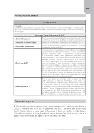 U4
209
Conceitos e práticas da qualidade de vida no trabalho (QVT)
Avançando na prática
Pratique mais
Instrução
Desafiamos você a praticar o que aprendeu, transferindo seus conhecimentos para novas situações
que pode encontrar no ambiente de trabalho. Realize as atividades e depois compare-as com as de
seus colegas.
“Estrutura e Etapas do Programa de QVT”
1. Competência geral
Conhecer as variáveis sociais, políticas e culturais dos indivíduos
e as formas de promover qualidade de vida nas organizações.
2. Objetivos de aprendizagem Identificar as etapas para implantação de programas de QVT.
3. Conteúdos relacionados
Cultura organizacional, conceitos e modelos de QVT, estrutura
e etapas do programa de QVT.
4. Descrição da SP
AempresaX,tememsuaculturacomomissãoamanutençãodo
comprometimento dos colaboradores e atuação sustentável,
gerando benefícios para a organização, colaboradores
e comunidade. Dentro dessa perspectiva implantou um
sistema de gestão participativa, realiza periodicamente uma
pesquisa de clima junto aos colaboradores e uma pesquisa
de imagem da empresa junto aos moradores da região em
que está instalada. A partir dessas informações elabora seu
planejamento estratégico, no qual inclui as ações necessárias
para a melhoria da QVT dos colaboradores, bem como ações
para a melhoria dos processos produtivos para que tenham
pouco impacto no meio ambiente e na comunidade. Os
colaboradores sentem orgulho em fazer parte da organização.
Qual é a sua percepção sobre essa organização? Ela está
promovendo a QVT de forma sustentável?
5. Resolução da SP
Sim, o caso ilustra um exemplo onde as ações de QVT
estão alinhadas a objetivos estratégicos, bem como as
suas características e necessidades, considerando tanto os
colaboradores, quanto a comunidade, de forma coerente
e integrada. Essa postura organizacional demonstra que a
empresa cumpre os passos necessários para a implantação
de programas de QVT sustentáveis, especialmente por
considerar as ações como resultado de planejamento e de
forma alinhada com as suas estratégias organizacionais.
Faça valer a pena
1. Os resultados de uma pesquisa junto a empresas, realizada por França
(2009), mostraram que os programas de QVT podem ter diferentes
focos (dimensões) e que isso influencia o tipo de ações implantadas.
Considerando essa afirmação, relacione as dimensões, citadas na coluna à
esquerda com o tipo de ações, identificadas à direita:
 