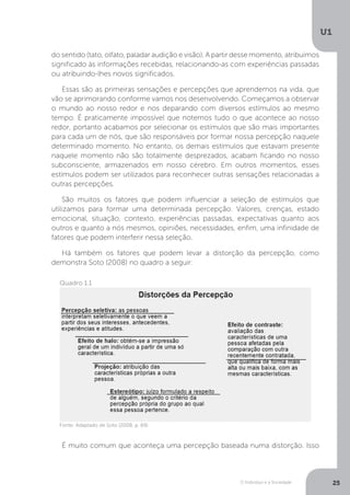 O Indivíduo e a Sociedade
U1
25
do sentido (tato, olfato, paladar audição e visão). A partir desse momento, atribuímos
significado às informações recebidas, relacionando-as com experiências passadas
ou atribuindo-lhes novos significados.
Essas são as primeiras sensações e percepções que aprendemos na vida, que
vão se aprimorando conforme vamos nos desenvolvendo. Começamos a observar
o mundo ao nosso redor e nos deparando com diversos estímulos ao mesmo
tempo. É praticamente impossível que notemos tudo o que acontece ao nosso
redor, portanto acabamos por selecionar os estímulos que são mais importantes
para cada um de nós, que são responsáveis por formar nossa percepção naquele
determinado momento. No entanto, os demais estímulos que estavam presente
naquele momento não são totalmente desprezados, acabam ficando no nosso
subconsciente, armazenados em nosso cérebro. Em outros momentos, esses
estímulos podem ser utilizados para reconhecer outras sensações relacionadas a
outras percepções.
São muitos os fatores que podem influenciar a seleção de estímulos que
utilizamos para formar uma determinada percepção. Valores, crenças, estado
emocional, situação, contexto, experiências passadas, expectativas quanto aos
outros e quanto a nós mesmos, opiniões, necessidades, enfim, uma infinidade de
fatores que podem interferir nessa seleção.
Há também os fatores que podem levar a distorção da percepção, como
demonstra Soto (2008) no quadro a seguir:
Quadro 1.1
Fonte: Adaptado de Soto (2008, p. 69)
É muito comum que aconteça uma percepção baseada numa distorção. Isso
 