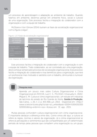 O Indivíduo e a Sociedade
U1
36
um processo de aprendizagem e adaptação ao ambiente de trabalho. Quando
falamos em ambiente, devemos pensar em ambiente físico, social e cultural
de uma organização. Este processo facilita a integração do colaborador com a
organização e com a equipe de trabalho.
McShane e Von Glinow (2014) ilustram as fases da socialização organizacional
com a figura a seguir:
Figura: 1.2 | Fases da socialização organizacional
Socialização
pré-emprego
(candidato)
Contrato
(recém-chegado)
Gerenciamento
de funções
(membro)
Resultados
da socialização
• Aprende sobre
a organização e a
função
• Forma expectativas
sobre a relação de
trabalho
• Testa as expectativas
em relação às
realidades percebidas
• Fortalece as relações
de trabalho
• Pratica novos
comportamentos
• Resolve conflitos
profissionais/não
profissionais
• Maior motivação
• Maior fidelidade
• Mais satisfação
• Menos estresse
• Menor rotatividade
Fonte: Adaptado de McShane e Von Glinow (2014, p. 385)
Esse processo facilita a integração do colaborador com a organização e com
a equipe de trabalho. Todo colaborador, ao ser contratado por uma organização,
deve começar sempre pelo processo de socialização organizacional. Esse processo
facilita a integração do colaborador e traz benefícios para a organização, que terá
um profissional mais motivado e satisfeito com o trabalho, diminuindo o turnover
da organização.
Aprenda um pouco mais sobre Cultura Organizacional e Clima
Organizacional em ROCHA, Luiz C. S.; PELOGIO, Emanuelly A.; ANEZ,
Miguel E. M. Cultura e clima organizacionais: um estudo em indústrias
de laticínios do estado do Rio Grande do Norte. Gestão & Produção, 
São Carlos,  v. 20, n. 2, p. 455-468, jun. 2013.   Disponível em: <http://
www.scielo.br/scielo.php?script=sci_arttext&pid=S0104-530X201300
0200014&lng=en&nrm=iso>. Acesso em:  31  ago.  2015.
Pesquise mais
Muitas pessoas confundem cultura organizacional com clima organizacional.
É importante destacar a diferença entre eles. Como vimos até aqui, a cultura se
refere às regras, normas e valores da organização. Já o clima organizacional se
refere às percepções e sentimentos que são compartilhados por um determinado
período de tempo pelas pessoas que compõem uma organização ou um grupo
 