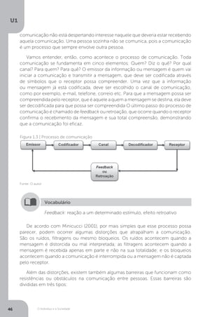 O Indivíduo e a Sociedade
U1
46
comunicação não está despertando interesse naquele que deveria estar recebendo
aquela comunicação. Uma pessoa sozinha não se comunica, pois a comunicação
é um processo que sempre envolve outra pessoa.
Vamos entender, então, como acontece o processo de comunicação. Toda
comunicação se fundamenta em cinco elementos: Quem? Diz o quê? Por qual
canal? Para quem? Para quê? O emissor da informação ou mensagem é quem vai
iniciar a comunicação e transmitir a mensagem, que deve ser codificada através
de símbolos que o receptor possa compreender. Uma vez que a informação
ou mensagem já está codificada, deve ser escolhido o canal de comunicação,
como por exemplo, e-mail, telefone, correio etc. Para que a mensagem possa ser
compreendida pelo receptor, que é aquele a quem a mensagem se destina, ela deve
ser decodificada para que possa ser compreendida O último passo do processo de
comunicação é chamado de feedback ou retroação, que ocorre quando o receptor
confirma o recebimento da mensagem e sua total compreensão, demonstrando
que a comunicação foi eficaz.
Figura 1.3 | Processo de comunicação
Feedback: reação a um determinado estímulo, efeito retroativo
Vocabulário
De acordo com Minicucci (2001), por mais simples que esse processo possa
parecer, podem ocorrer algumas distorções que atrapalham a comunicação.
São os ruídos, filtragens ou mesmo bloqueios. Os ruídos acontecem quando a
mensagem é distorcida ou mal interpretada; as filtragens acontecem quando a
mensagem é recebida apenas em parte e não na sua totalidade; e os bloqueios
acontecem quando a comunicação é interrompida ou a mensagem não é captada
pelo receptor.
Além das distorções, existem também algumas barreiras que funcionam como
resistências ou obstáculos na comunicação entre pessoas. Essas barreiras são
divididas em três tipos:
Fonte: O autor
 