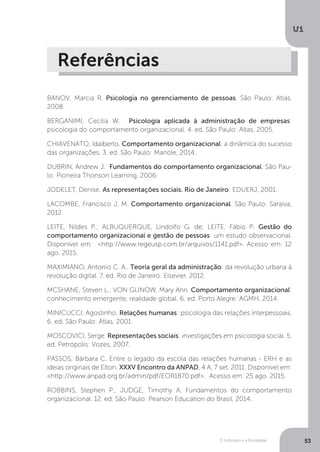 O Indivíduo e a Sociedade
U1
53
Referências
BANOV, Marcia R. Psicologia no gerenciamento de pessoas. São Paulo: Atlas,
2008.
BERGANIMI, Cecilia W.   Psicologia aplicada à administração de empresas:
psicologia do comportamento organizacional. 4. ed. São Paulo: Altas, 2005.
CHIAVENATO, Idalberto. Comportamento organizacional: a dinâmica do sucesso
das organizações. 3. ed. São Paulo: Manole, 2014.
DUBRIN, Andrew J.  Fundamentos do comportamento organizacional. São Pau-
lo: Pioneira Thonson Learning, 2006.
JODELET, Denise. As representações sociais. Rio de Janeiro: EDUERJ, 2001.
LACOMBE, Francisco J. M. Comportamento organizacional. São Paulo: Saraiva,
2012.
LEITE, Nildes P.; ALBUQUERQUE, Lindolfo G. de;  LEITE, Fábio P. Gestão do
comportamento organizacional e gestão de pessoas: um estudo observacional.
Disponível em:  <http://www.regeusp.com.br/arquivos/1141.pdf>. Acesso em: 12
ago. 2015.
MAXIMIANO, Antonio C. A.. Teoria geral da administração: da revolução urbana à
revolução digital. 7. ed. Rio de Janeiro: Elsevier, 2012.
MCSHANE, Steven L.; VON GLINOW, Mary Ann. Comportamento organizacional:
conhecimento emergente, realidade global. 6. ed. Porto Alegre: AGMH, 2014.
MINICUCCI, Agostinho. Relações humanas: psicologia das relações interpessoais.
6. ed. São Paulo: Atlas, 2001.
MOSCOVICI, Serge. Representações sociais: investigações em psicologia social. 5.
ed. Petrópolis: Vozes, 2007.
PASSOS, Bárbara C. Entre o legado da escola das relações humanas - ERH e as
ideias originais de Elton. XXXV Encontro da ANPAD, 4 A, 7 set. 2011. Disponível em:
<http://www.anpad.org.br/admin/pdf/EOR1870.pdf>.  Acesso em: 25 ago. 2015.
ROBBINS, Stephen P.; JUDGE, Timothy A. Fundamentos do comportamento
organizacional. 12. ed. São Paulo: Pearson Education do Brasil, 2014.
 