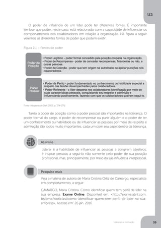 U2
59
Liderança e motivação
O poder de influência de um líder pode ter diferentes fontes. É importante
lembrar que poder, neste caso, está relacionado com a capacidade de influenciar os
comportamentos dos colaboradores em relação à organização. Na figura a seguir
veremos as diferentes fontes de poder que podem existir:
Tanto o poder de posição como o poder pessoal são importantes na liderança. O
poder formal do cargo, o poder de recompensar ou punir alguém e o poder de ter
um conhecimento ou habilidade ou de influenciar as pessoas por meio de respeito e
admiração são todos muito importantes, cada um com seu papel dentro da liderança.
Fonte: Adaptado de Daft (2005, p. 374-375).
Figura 2.1 – Fontes de poder
Assimile
Liderar é a habilidade de influenciar as pessoas a atingirem objetivos;
é inspirar pessoas a segui-lo não somente pelo poder de sua posição
profissional, mas, principalmente, por meio da sua influência interpessoal.
Veja a matéria de autoria de Maria Cristina Ortiz de Camargo, especialista
em comportamento, a seguir:
CAMARGO, Maria Cristina. Como identificar quem tem perfil de líder na
sua empresa. Exame Online. Disponível em: <http://exame.abril.com.
br/pme/noticias/como-identificar-quem-tem-perfil-de-lider-na-sua-
empresa>. Acesso em: 26 jan. 2016.
Pesquise mais
 