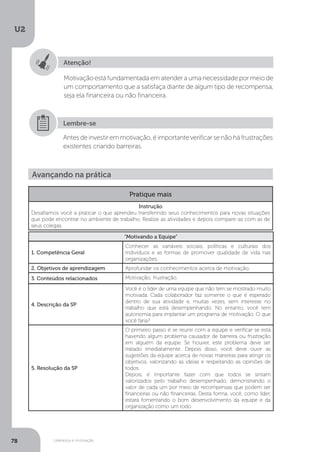 U2
78 Liderança e motivação
Atenção!
Motivação está fundamentada em atender a uma necessidade por meio de
um comportamento que a satisfaça diante de algum tipo de recompensa,
seja ela financeira ou não financeira.
Antesdeinvestiremmotivação,éimportanteverificarsenãoháfrustrações
existentes criando barreiras.
Lembre-se
Avançando na prática
Pratique mais
Instrução
Desafiamos você a praticar o que aprendeu transferindo seus conhecimentos para novas situações
que pode encontrar no ambiente de trabalho. Realize as atividades e depois compare-as com as de
seus colegas.
“Motivando a Equipe”
1. Competência Geral
Conhecer as variáveis sociais, políticas e culturais dos
indivíduos e as formas de promover qualidade de vida nas
organizações.
2. Objetivos de aprendizagem Aprofundar os conhecimentos acerca de motivação.
3. Conteúdos relacionados Motivação; frustração.
4. Descrição da SP
Você é o líder de uma equipe que não tem se mostrado muito
motivada. Cada colaborador faz somente o que é esperado
dentro de sua atividade e, muitas vezes, sem interesse no
trabalho que está desempenhando. No entanto, você tem
autonomia para implantar um programa de motivação. O que
você faria?
5. Resolução da SP
O primeiro passo é se reunir com a equipe e verificar se está
havendo algum problema causador de barreira ou frustração
em alguém da equipe. Se houver, este problema deve ser
tratado imediatamente. Depois disso, você deve ouvir as
sugestões da equipe acerca de novas maneiras para atingir os
objetivos, valorizando as ideias e respeitando as opiniões de
todos.
Depois, é importante fazer com que todos se sintam
valorizados pelo trabalho desempenhado, demonstrando o
valor de cada um por meio de recompensas que podem ser
financeiras ou não financeiras. Desta forma, você, como líder,
estará fomentando o bom desenvolvimento da equipe e da
organização como um todo.
 