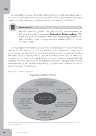 U2
96 Liderança e motivação
IV. Líderes são treinadores, afinal, são eles que definem os papéis dos colaboradores,
ensinam as tarefas, apoiam nas decisões, torcem e fazem o que for preciso para que
cada membro de sua equipe possa aprimorar seu desempenho no trabalho.
As organizações têm tido dificuldade em encontrar pessoas com perfil de liderança
no mercado de trabalho. Como consequência disso, tem aumentado o investimento
em programas de desenvolvimento de lideranças dentro das próprias organizações
em busca de uma liderança eficaz. Grandes empresas, como Natura e Petrobrás,
investem em programas de formação de líderes, com o objetivo de manter o DNA da
empresa, manter os colaboradores alinhados com os valores organizacionais e formar
líderes preparados para sustentar a organização, engajados com os objetivos e com o
desenvolvimento organizacional.
BECKER, Danielle Nogara et al. Três caminhos para o desenvolvimento da
liderança: uma análise comparativa. Perspectivas Contemporâneas, 9(2),
p. 167-186, 2014. Disponível em: <http://revista.grupointegrado.br/revista/
index.php/perspectivascontemporaneas/article/view/1456/621>. Acesso
em: 26 jan. 2016.
Pesquise mais
Fonte: Leadership – Business Consulting. Disponível em: <http://leadership-bg.com/images/stories/Lideres_eficazes_PT.png>.
Acesso em: 26 jan. 2016.
Figura 2.8 – Líderes engajados
 
