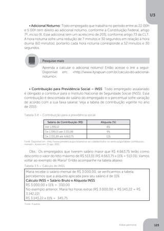 U3
123
Análise patrimonial
• Adicional Noturno: Todo empregado que trabalha no período entre as 22:00h
e 5:00h tem direito ao adicional noturno, conforme a Constituição Federal, artigo
7º, inciso IX. Esse adicional tem um acréscimo de 20%, conforme artigo 73 da CLT.
A hora noturna sofre uma redução de 7 minutos e 30 segundos em relação à hora
diurna (60 minutos), portanto cada hora noturna corresponde a 52 minutos e 30
segundos.
Aprenda a calcular o adicional noturno! Então acesse o link a seguir:
Disponível em: http://www.ityrapuan.com.br/calculo-do-adicional-
noturno.
Pesquise mais
• Contribuição para Previdência Social – INSS: Todo empregado assalariado
é obrigado a contribuir para o Instituto Nacional de Seguridade Social (INSS). Essa
contribuição é descontada do salário do empregado e o percentual sofre variação
de acordo com a sua faixa salarial. Veja a tabela de contribuição vigente no ano
de 2015:
Tabela 3.4 – Contribuição para a previdência social
Salário de Contribuição (R$) Alíquota (%)
Até 1.399,12 8%
De 1.399,13 até 2.331,88 9%
De 2.331,89 até 4.663,75 11%
Fonte: Disponível em: http://www.previdencia.gov.br/servicos-ao-cidadao/todos-os-servicos/gps/tabela-contribuicao-
mensal/. Acesso em: 21 ago. 2015.
Obs.: Os empregados que tiverem salário maior que R$ 4.663,75 terão como
desconto o valor do teto máximo de R$ 513,01 (R$ 4.663,75 x 11% = 513,01). Vamos
voltar ao exemplo de Maria? Então acompanhe na tabela abaixo:
Tabela 3.5 – Cálculo do INSS
Maria recebe o salário mensal de R$ 3.000,00, se verificarmos a tabela,
percebemos que a alíquota aplicada para seu salário é de 11%
Cálculo INSS = Salário Bruto x Alíquota INSS
R$ 3.000,00 x 11% = 330,00
No exemplo anterior, Maria fez horas extras (R$ 3.000,00 + R$ 143,22 = R$
3.142,22)
R$ 3.143,22 x 11% = 345,75
Fonte: A autora
 