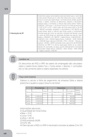 U3
130 Análise patrimonial
5. Resolução da SP
O primeiro passo seria explicar para Leonardo que o valor das
horas extras influencia no valor dos descontos, pois o salário
bruto é a soma do salário base + as horas extras. Então, quanto
maior o salário, maiores os descontos. Depois é necessário
explicar para o Leonardo o cálculo das horas extras: Salário:
2.800,00 : 220 horas = 12,73 por hora 12,73 x 50% (acréscimo)
= 6,37 12,73 + 6,37 = 19,10 (valor da hora extra) 19,10 x 20 HE
= 382,00 Leonardo receberá o equivalente a R$ 382,00 de
horas extras. Após o cálculo das horas extras, é importante
mostrar para ele como se calcula o Imposto de Renda, e que
o valor do INSS pode ser deduzido da base de cálculo. Veja:
Salário: 2.800,00 + HE: 382,00 = Salário Bruto: 3.182,00 INSS =
3.182,00 x 11% = 350,02 Salário Bruto: 3.182,00 – INSS: 350,02
= 2.831,98 (base cálculo) 2.831,98 x 7,5% = 212,40 – Parcela a
deduzir: 142,80 = 69,60 Leonardo terá o desconto de R$ 69,60
referente ao IRRF. E a última explicação refere-se ao salário
líquido de Leonardo, ou seja, quanto efetivamente Leonardo
irá receber. Salário Bruto: 3.182,00 – INSS: 350,02 – IRRF: 69,60
= Salário Líquido: 2.762,38
Os descontos de INSS e IRRF do salário do empregado são calculados
sobre o salário bruto (salário fixo + horas extras + abonos + comissões
etc.) e não somente sobre o salário registrado na carteira.
Lembre-se
Provimentos Descontos
Nome Rendimentos
Hora
extra
Inss Dependentes Irrf
Convênio
médico
Salário
líquido
a pagar
Bela 2.000,00 2 80,00
Luna 3.500,00 2 80,00
Lênio 1.700,00 4 80,00
Total 7.200,00 240,00
Faça você mesmo
Elabore e calcule a folha de pagamento da empresa Delta e depois
preencha o quadro a seguir (resumo da folha):
Informações adicionais:
1) Quantidade de Horas Extras:
• Bela = 3 HE
• Luna= 5 HE
• Lênio = 30 HE
2) INSS empresa 26,8%
3) FGTS: 8%
4) Para calcular o INSS e o IRRF é necessário consultar as tabelas 3.4 e 3.6.
 