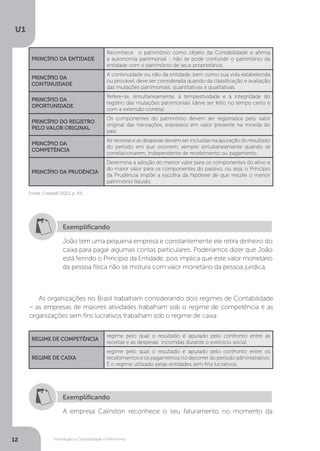 Introdução à Contabilidade e Patrimônio
U1
12
PRINCÍPIO DA ENTIDADE
Reconhece o patrimônio como objeto da Contabilidade e afirma
a autonomia patrimonial - não se pode confundir o patrimônio da
entidade com o patrimônio de seus proprietários.
PRINCÍPIO DA
CONTINUIDADE
A continuidade ou não da entidade, bem como sua vida estabelecida
ou provável, deve ser considerada quando da classificação e avaliação
das mutações patrimoniais, quantitativas e qualitativas.
PRINCÍPIO DA
OPORTUNIDADE
Refere-se, simultaneamente, à tempestividade e à integridade do
registro das mutações patrimoniais (deve ser feito no tempo certo e
com a extensão correta).
PRINCÍPIO DO REGISTRO
PELO VALOR ORIGINAL
Os componentes do patrimônio devem ser registrados pelo valor
original das transações, expressos em valor presente na moeda do
país.
PRINCÍPIO DA
COMPETÊNCIA
As receitas e as despesas devem ser incluídas na apuração do resultado
do período em que ocorrem, sempre simultaneamente quando se
correlacionarem, independente de recebimento ou pagamento.
PRINCÍPIO DA PRUDÊNCIA
Determina a adoção do menor valor para os componentes do ativo e
do maior valor para os componentes do passivo, ou seja, o Princípio
da Prudência impõe a escolha da hipótese de que resulte o menor
patrimônio líquido.
REGIME DE COMPETÊNCIA
regime pelo qual o resultado é apurado pelo confronto entre as
receitas e as despesas incorridas durante o exercício social.
REGIME DE CAIXA
regime pelo qual o resultado é apurado pelo confronto entre os
recebimentos e os pagamentos no decorrer do período administrativo.
É o regime utilizado pelas entidades sem fins lucrativos.
Fonte: Crepaldi (2013, p. 41).
Exemplificando
Exemplificando
João tem uma pequena empresa e constantemente ele retira dinheiro do
caixa para pagar algumas contas particulares. Poderíamos dizer que João
está ferindo o Princípio da Entidade, pois implica que este valor monetário
da pessoa física não se mistura com valor monetário da pessoa jurídica.
A empresa Calinston reconhece o seu faturamento no momento da
As organizações no Brasil trabalham considerando dois regimes de Contabilidade
– as empresas de maiores atividades trabalham sob o regime de competência e as
organizações sem fins lucrativos trabalham sob o regime de caixa:
 