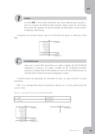 U3
141
Análise patrimonial
A conta ARE é uma conta transitória, pois serve apenas para calcular o
lucro ou prejuízo de determinada empresa, depois deve ser encerrada.
Esta conta não aparece na Demonstração de Resultado e muito menos
no Balanço Patrimonial.
Reflita
Chegamos ao terceiro passo, que é o momento de apurar o saldo da conta
ARE.
Exemplificando
Veja que a conta ARE demonstra um saldo a débito de R$ 63.500,00
(despesas e custos) e um saldo a crédito de R$ 77.300,00 (receitas),
portanto a Pizzaria Mama Mia obteve um lucro de R$ 13.800,00, pois as
receitas foram maiores do que as despesas e custos.
O quarto passo da apuração do resultado é zerar, ou seja, encerrar a conta
transitória
ARE, e a contrapartida deste lançamento deverá ser a conta patrimonial de
Lucros. Veja.
D – ARE 13.800,00
C – Lucros 13.800,00
Fato 8 – Encerramento da conta transitória ARE
ARE
2 4.500,00 77.300,00 1
13.800,00 SF
77.300,00
63.500,00
3 32.300,00
4 20.000,00
5 4.400,00
6 1.500,00
7 800,00
ARE
2 4.500,00 77.300,00 1
13.800,00 SF
77.300,00
63.500,00
3 32.300,00
4 20.000,00
5 4.400,00
6 1.500,00
7 800,00
8 13.800,00
Lucros
13.800,00 8
 