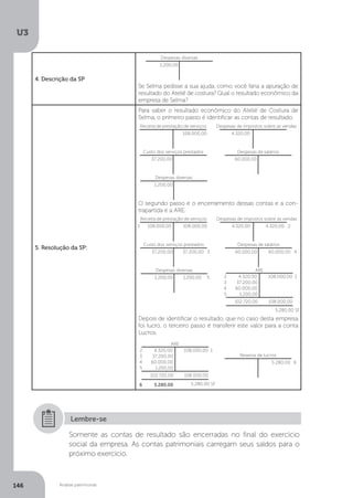 U3
146 Análise patrimonial
4. Descrição da SP
Se Selma pedisse a sua ajuda, como você faria a apuração de
resultado do Ateliê de costura? Qual o resultado econômico da
empresa de Selma?
5. Resolução da SP:
Para saber o resultado econômico do Ateliê de Costura de
Selma, o primeiro passo é identificar as contas de resultado.
O segundo passo é o encerramento dessas contas e a con-
trapartida é a ARE.
Depois de identificar o resultado, que no caso desta empresa
foi lucro, o terceiro passo é transferir este valor para a conta
Lucros.
Somente as contas de resultado são encerradas no final do exercício
social da empresa. As contas patrimoniais carregam seus saldos para o
próximo exercício.
Lembre-se
Despesas diversas
1.200,00
Despesas de salários
60.000,00
Despesas de impostos sobre as vendas
4.320,00
Receita de prestação de serviços
108.000,00
Custo dos serviços prestados
37.200,00
Despesas diversas
1.200,00
Receita de prestação de serviços
108.000,00
1 108.000,00
Despesas de impostos sobre as vendas
4.320,00 4.320,00 2
Despesas de salários
60.000,00 60.000,00 4
Custo dos serviços prestados
37.200,00 37.200,00 3
Despesas diversas
1.200,00 1.200,00 5
ARE
2 4.320,00 108.000,00 1
3 37.200,00
4 60.000,00
5 1.200,00
102.720,00 108.000,00
5.280,00 SF
ARE
2 4.320,00 108.000,00 1
3 37.200,00
4 60.000,00
5 1.200,00
102.720,00 108.000,00
5.280,00 SF
6 5.280,00
Reserva de lucros
5.280,00 6
 