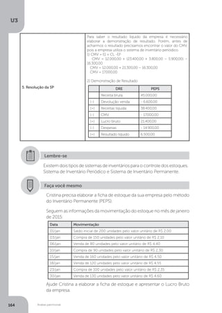 U3
164 Análise patrimonial
5. Resolução da SP
Para saber o resultado líquido da empresa é necessário
elaborar a demonstração de resultado. Porém, antes de
acharmos o resultado precisamos encontrar o valor do CMV,
pois a empresa utiliza o sistema de inventário periódico.
1) CMV = EI + CL -EF
CMV = 12.000,00 + (23.400,00 + 3.800,00 – 5.900,00) –
16.300,00
CMV = 12.000,00 + 21.300,00 – 16.300,00
CMV = 17.000,00
2) Demonstração de Resultado
Existem dois tipos de sistemas de inventários para o controle dos estoques.
Sistema de Inventário Periódico e Sistema de Inventário Permanente.
Lembre-se
Faça você mesmo
Cristina precisa elaborar a ficha de estoque da sua empresa pelo método
do Inventário Permanente (PEPS).
Seguem as informações da movimentação do estoque no mês de janeiro
de 2015:
Ajude Cristina a elaborar a ficha de estoque e apresentar o Lucro Bruto
da empresa.
DRE PEPS
Receita bruta 45.000,00
(-) Devolução venda - 6.600,00
(=) Receitas líquida 38.400,00
(-) CMV - 17.000,00
(=) Lucro bruto 21.400,00
(-) Despesas - 14.900,00
(=) Resultado líquido 6.500,00
Data Movimentação
01/jan Saldo inicial de 200 unidades pelo valor unitário de R$ 2,00
03/jan Compra de 150 unidades pelo valor unitário de R$ 2,10
06/jan Venda de 80 unidades pelo valor unitário de R$ 4,40
10/jan Compra de 90 unidades pelo valor unitário de R$ 2,30
15/jan Venda de 160 unidades pelo valor unitário de R$ 4,50
18/jan Venda de 120 unidades pelo valor unitário de R$ 4,55
23/jan Compra de 100 unidades pelo valor unitário de R$ 2,35
30/jan Venda de 130 unidades pelo valor unitário de R$ 4,60
 