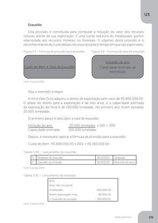 U3
179
Análise patrimonial
Exaustão
Esta provisão é constituída para computar a redução do valor dos recursos
naturais diante da sua exploração. É uma conta redutora do Imobilizado, porém
relacionada aos recursos minerais ou florestais. O objetivo desta provisão é o
reconhecimento do custo desses recursos durante o tempo em que são explorados.
Figura 3.5 - Fórmula da provisão para exaustão Figura 3.6 - Fórmula da taxa de exaustão
Fonte: A autora (2015)
Custo do Bem X Taxa de Exaustão
Extração do ano
Capacidade estimada de
exploração
Veja o exemplo a seguir:
A mina Vale Ouro adquiriu o direito de exploração pelo valor de R$ 800.000,00.
O prazo do direito para a exploração é de oito anos, e a capacidade estimada
da exploração da mina é de 100.000 toneladas. No primeiro ano foram extraídas
20.000 toneladas.
O primeiro passo é descobrir a taxa de exaustão.
Extração do ano: 20.000 toneladas x 100 = 20%
Capacidade estimada 100.000 toneladas
Depois, é necessário aplicar a fórmula da provisão para a exaustão.
Custo do Bem: R$ 800.000,00 x 20% = R$ 160.000,00
Tabela 3.40 – Lançamento da exaustão
Tabela 3.41 – Lançamento da exaustão
Fonte: A autora (2015)
Fonte: A autora (2015)
Ativo
Ativo não circulante
Imobilizado 640.000,00
Direito exploração mina 80.000,00
(-) Exaustão acumulada - 160.000,00
D Despesas de exaustão 160.000,00 Despesas
C Exaustão acumulada 160.000,00 Redutora do ativo
 