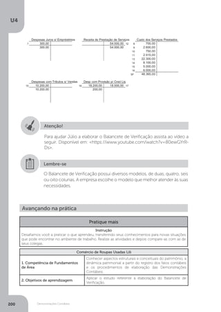 U4
200 Demonstrações Contábeis
Atenção!
Para ajudar Júlio a elaborar o Balancete de Verificação assista ao vídeo a
seguir. Disponível em: https://www.youtube.com/watch?v=80ewGYrR-
Ds.
O Balancete de Verificação possui diversos modelos, de duas, quatro, seis
ou oito colunas. A empresa escolhe o modelo que melhor atender às suas
necessidades.
Lembre-se
Avançando na prática
Pratique mais
Instrução
Desafiamos você a praticar o que aprendeu, transferindo seus conhecimentos para novas situações
que pode encontrar no ambiente de trabalho. Realize as atividades e depois compare-as com as de
seus colegas.
Comércio de Roupas Usadas Lili
1. Competência de Fundamentos
de Área
Conhecer aspectos estruturais e conceituais do patrimônio, a
dinâmica patrimonial a partir do registro dos fatos contábeis
e os procedimentos de elaboração das Demonstrações
Contábeis.
2. Objetivos de aprendizagem
Aplicar o estudo referente à elaboração do Balancete de
Verificação.
 