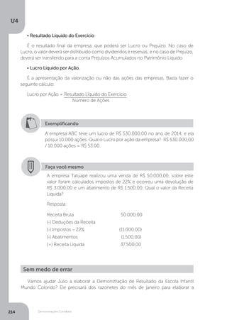 U4
214 Demonstrações Contábeis
• Resultado Líquido do Exercício
É o resultado final da empresa, que poderá ser Lucro ou Prejuízo. No caso de
Lucro, o valor deverá ser distribuído como dividendos e reservas; e no caso de Prejuízo,
deverá ser transferido para a conta Prejuízos Acumulados no Patrimônio Líquido.
• Lucro Líquido por Ação.
É a apresentação da valorização ou não das ações das empresas. Basta fazer o
seguinte cálculo:
Lucro por Ação = Resultado Líquido do Exercício
	 Número de Ações
Faça você mesmo
A empresa Tatuapé realizou uma venda de R$ 50.000,00, sobre este
valor foram calculados impostos de 22% e ocorreu uma devolução de
R$ 3.000,00 e um abatimento de R$ 1.500,00. Qual o valor da Receita
Líquida?
Resposta:
Receita Bruta 50.000,00
(-) Deduções da Receita
(-) Impostos – 22% (11.000,00)
(-) Abatimentos (1.500,00)
(=) Receita Líquida 37.500,00
Exemplificando
A empresa ABC teve um lucro de R$ 530.000,00 no ano de 2014, e ela
possui 10.000 ações. Qual o Lucro por ação da empresa? R$ 530.000,00
/ 10.000 ações = R$ 53,00.
Vamos ajudar Júlio a elaborar a Demonstração de Resultado da Escola Infantil
Mundo Colorido? Ele precisará dos razonetes do mês de janeiro para elaborar a
Sem medo de errar
 