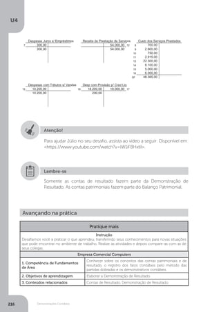U4
216 Demonstrações Contábeis
Atenção!
Para ajudar Júlio no seu desafio, assista ao vídeo a seguir: Disponível em:
https://www.youtube.com/watch?v=lW1iF8HxtlI.
Somente as contas de resultado fazem parte da Demonstração de
Resultado. As contas patrimoniais fazem parte do Balanço Patrimonial.
Lembre-se
Avançando na prática
Pratique mais
Instrução
Desafiamos você a praticar o que aprendeu, transferindo seus conhecimentos para novas situações
que pode encontrar no ambiente de trabalho. Realize as atividades e depois compare-as com as de
seus colegas.
Empresa Comercial Computers
1. Competência de Fundamentos
de Área
Conhecer sobre os conceitos das contas patrimoniais e de
resultado, o registro dos fatos contábeis pelo método das
partidas dobradas e os demonstrativos contábeis.
2. Objetivos de aprendizagem Elaborar a Demonstração de Resultado
3. Conteúdos relacionados Contas de Resultado, Demonstração de Resultado.
 