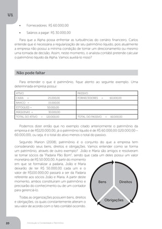 Introdução à Contabilidade e Patrimônio
U1
20
•	 Fornecedores: R$ 60.000,00
•	 Salários a pagar: R$ 30.000,00
Para que a Alpha possa enfrentar as turbulências do cenário financeiro, Carlos
entende que é necessária a regularização de seu patrimônio líquido, pois atualmente
a empresa não possui a mínima condição de tomar um direcionamento ou mesmo
uma tomada de decisão. Assim, neste momento, o analista contábil pretende calcular
o patrimônio líquido da Alpha. Vamos auxiliá-lo nisso?
Para entender o que é patrimônio, fique atento ao seguinte exemplo. Uma
determinada empresa possui:
Podemos dizer então que no exemplo citado anteriormente o patrimônio da
empresa é de R$120.000,00, já o patrimônio líquido é de R$ 60.000,00 (120.000,00 –
60.000,00), ou seja, é o total do ativo menos o total do passivo.
Segundo Marion (2008), patrimônio é o conjunto do que a empresa tem
considerando seus bens, direitos e obrigações. Vamos entender como se forma
um patrimônio, através de outro exemplo? João e Maria são amigos e resolveram
se tornar sócios da “Padaria Pão Bom”, sendo que cada um deles possui um valor
monetário de R$ 50.000,00. A partir do momento
em que se formalizar a padaria, João e Maria
deixarão de ter R$ 50.000,00 cada um e o
valor de R$100.000,00 passará a ser da Padaria
referente aos sócios João e Maria. A partir deste
momento, ambos constituíram um patrimônio e
precisarão do conhecimento ou de um contador
para gerenciá-lo.
Todas as organizações possuem bens, direitos
e obrigações, os quais constantemente alteram o
seu valor de acordo com o fato contábil ocorrido.
Não pode faltar
ATIVO PASSIVO
CAIXA = 25.000,00 FORNECEDORES = 60.000,00
BANCO = 15.000,00
ESTOQUES = 50.000,00
MÁQUINAS = 30.000,00
TOTAL DO ATIVO = 120.000,00 TOTAL DO PASSIVO = 60.000,00
Bens Direitos
Obrigações
 