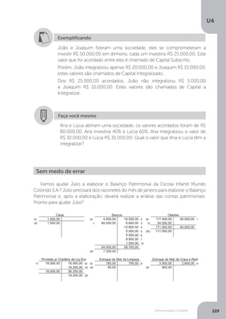 U4
229
Demonstrações Contábeis
Exemplificando
João e Joaquim fizeram uma sociedade, eles se comprometeram a
investir R$ 50.000,00 em dinheiro, cada um investiria R$ 25.000,00. Este
valor que foi acordado entre eles é chamado de Capital Subscrito.
Porém, João integralizou apenas R$ 20.000,00 e Joaquim R$ 15.000,00,
estes valores são chamados de Capital Integralizado.
Dos R$ 25.000,00 acordados, João não integralizou R$ 5.000,00
e Joaquim R$ 10.000,00. Estes valores são chamados de Capital a
Integralizar.
Faça você mesmo
Ana e Lúcia abriram uma sociedade, os valores acordados foram de R$
80.000,00, Ana investiria 40% e Lúcia 60%. Ana integralizou o valor de
R$ 32.000,00 e Lúcia R$ 35.000,00. Qual o valor que Ana e Lúcia têm a
integralizar?
Vamos ajudar Júlio a elaborar o Balanço Patrimonial da Escola Infantil Mundo
Colorido S.A.? Júlio precisará dos razonetes do mês de janeiro para elaborar o Balanço
Patrimonial e, após a elaboração, deverá realizar a análise das contas patrimoniais.
Pronto para ajudar Júlio?
Sem medo de errar
 