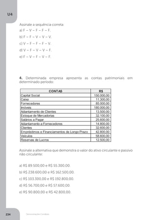 U4
234 Demonstrações Contábeis
Assinale a sequência correta:
a) F – V – F – F – F.
b) F – F – V – V – V.
c) V – F – F – F – V.
d) V – F – V – V – F.
e) F – V – F – V – F.
4. Determinada empresa apresenta as contas patrimoniais em
determinado período:
Assinale a alternativa que demonstra o valor do ativo circulante e passivo
não circulante:
a) R$ 89.500,00 e R$ 55.300,00.
b) R$ 238.600,00 e R$ 162.500,00.
c) R$ 103.300,00 e R$ 192.800,00.
d) R$ 56.700,00 e R$ 57.600,00.
e) R$ 90.800,00 e R$ 42.800,00.
 