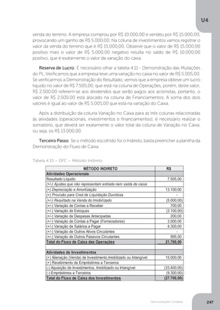 U4
247
Demonstrações Contábeis
venda do terreno. A empresa comprou por R$ 10.000,00 e vendeu por R$ 15.000,00,
provocando um ganho de R$ 5.000,00. Na coluna de investimentos vamos registrar o
valor da venda do terreno que é R$ 15.000,00. Observe que o valor de R$ 15.000,00
positivo mais o valor de R$ 5.000,00 negativo resulta no saldo de R$ 10.000,00
positivo, que é exatamente o valor da variação do caixa.
Reserva de Lucro: É necessário olhar a tabela 4.11 - Demonstração das Mutações
do PL. Verificamos que a empresa teve uma variação no caixa no valor de R$ 5.005,00.
Se verificarmos a Demonstração do Resultado, vemos que a empresa obteve um lucro
líquido no valor de R$ 7.505,00, que está na coluna de Operações, porém, deste valor,
R$ 2.500,00 referem-se aos dividendos que serão pagos aos acionistas, portanto, o
valor de R$ 2.500,00 está alocado na coluna de Financiamentos. A soma dos dois
valores é igual ao valor de R$ 5.005,00 que está na variação do Caixa.
Após a distribuição da coluna Variação no Caixa para as três colunas relacionadas
às atividades (operacionais, investimentos e financiamentos), é necessário realizar o
somatório, que deverá ser exatamente o valor total da coluna de Variação no Caixa,
ou seja, os R$ 13.000,00.
Terceiro Passo: Se o método escolhido foi o Indireto, basta preencher a planilha da
Demonstração do Fluxo de Caixa.
Tabela 4.15 – DFC – Método Indireto
 