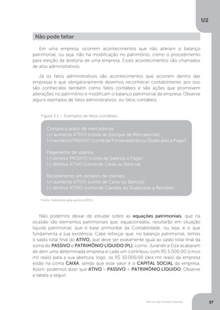 U2
57
Método das Partidas Dobradas
Não pode faltar
Em uma empresa, ocorrem acontecimentos que não alteram o balanço
patrimonial, ou seja, não há modificação no patrimônio, como o procedimento
para eleição da diretoria de uma empresa. Esses acontecimentos são chamados
de atos administrativos.
Já os fatos administrativos são acontecimentos que ocorrem dentro das
empresas e que obrigatoriamente devemos reconhecer contabilmente, por isso
são conhecidos também como fatos contábeis e são ações que promovem
alterações no patrimônio e modificam o balanço patrimonial da empresa. Observe
alguns exemplos de fatos administrativos, ou fatos contábeis:
Figura 2.1 – Exemplos de fatos contábeis
Compra a prazo de mercadorias
(+) aumenta ATIVO (conta de Estoque de Mercadorias)
(+) aumenta PASSIVO (conta de Fornecedores ou Duplicatas a Pagar)
Pagamento de salários
(-) diminui PASSIVO (conta de Salários a Pagar)
(-) diminui ATIVO (conta de Caixa ou Bancos)
Recebimento em dinheiro de clientes
(+) aumenta ATIVO (conta de Caixa ou Bancos)
(-) diminui ATIVO (conta de Clientes ou Duplicatas a Receber)
Fonte: Elaborada pela autora (2015).
Não podemos deixar de estudar sobre as equações patrimoniais, que na
ocasião são elementos patrimoniais que, equacionados, resultarão em situação
líquida patrimonial, que é base primordial da Contabilidade, ou seja, é o que
fundamenta a sua existência. Cabe reforçar que, no balanço patrimonial, temos
o saldo total final do ATIVO, que deve ser exatamente igual ao saldo total final da
soma do PASSIVO e PATRIMÔNIO LÍQUIDO (PL), como: Jurandir e Elza acabaram
de abrir uma determinada empresa e cada um contribuiu com R$ 5.000,00 (cinco
mil reais) para a sua abertura, logo, os R$ 10.000,00 (dez mil reais) da empresa
estão na conta CAIXA, sendo que esse valor é o CAPITAL SOCIAL da empresa.
Assim, podemos dizer que ATIVO – PASSIVO = PATRIMÔNIO LÍQUIDO. Observe
a tabela a seguir:
 