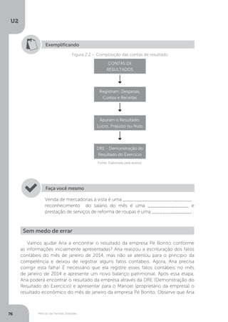 U2
76 Método das Partidas Dobradas
Exemplificando
Figura 2.2 – Composição das contas de resultado
CONTAS DE
RESULTADOS
Registram: Despesas,
Custos e Receitas
Apuram o Resultado:
Lucro, Prejuízo ou Nulo
DRE - Demonstração do
Resultado do Exercício
Fonte: Elaborada pela autora.
Venda de mercadorias à vista é uma _________________________,
reconhecimento do salário do mês é uma _______________, e
prestação de serviços de reforma de roupas é uma _______________ .
Faça você mesmo
Sem medo de errar
Vamos ajudar Ana a encontrar o resultado da empresa Pé Bonito conforme
as informações inicialmente apresentadas? Ana realizou a escrituração dos fatos
contábeis do mês de janeiro de 2014, mas não se atentou para o princípio da
competência e deixou de registrar alguns fatos contábeis. Agora, Ana precisa
corrigir esta falha! É necessário que ela registre esses fatos contábeis no mês
de janeiro de 2014 e apresente um novo balanço patrimonial. Após essa etapa,
Ana poderá encontrar o resultado da empresa através da DRE (Demonstração do
Resultado do Exercício) e apresentar para o Manoel (proprietário da empresa) o
resultado econômico do mês de janeiro da empresa Pé Bonito. Observe que Ana
 