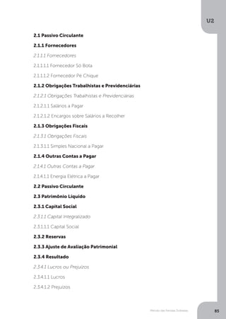 U2
85
Método das Partidas Dobradas
2.1 Passivo Circulante
2.1.1 Fornecedores
2.1.1.1 Fornecedores
2.1.1.1.1 Fornecedor Só Bota
2.1.1.1.2 Fornecedor Pé Chique
2.1.2 Obrigações Trabalhistas e Previdenciárias
2.1.2.1 Obrigações Trabalhistas e Previdenciárias
2.1.2.1.1 Salários a Pagar
2.1.2.1.2 Encargos sobre Salários a Recolher
2.1.3 Obrigações Fiscais
2.1.3.1 Obrigações Fiscais
2.1.3.1.1 Simples Nacional a Pagar
2.1.4 Outras Contas a Pagar
2.1.4.1 Outras Contas a Pagar
2.1.4.1.1 Energia Elétrica a Pagar
2.2 Passivo Circulante
2.3 Patrimônio Líquido
2.3.1 Capital Social
2.3.1.1 Capital Integralizado
2.3.1.1.1 Capital Social
2.3.2 Reservas
2.3.3 Ajuste de Avaliação Patrimonial
2.3.4 Resultado
2.3.4.1 Lucros ou Prejuízos
2.3.4.1.1 Lucros
2.3.4.1.2 Prejuízos
 
