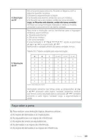 U3 - Dedução 103
4. Descrição
da SP
Em uma prova para concurso, Ricardo se deparou com a
seguinte questão na prova:
Considere a argumentação a seguir:
• Se Ricardo está doente, então ele vai a um médico.
• Se Ricardo vai a um médico, então ele toma remédio.
Logo, se Ricardo está doente, então ele toma remédio.
Verifique se a argumentação realizada é válida ou inválida,
utilizando o procedimento da tabela-verdade.
5. Resolução
da SP
Para iniciar a resolução, vamos transformar para a linguagem
simbólica, assim teremos:
p: Ricardo está doente.
q: Ele vai ao médico.
r: Ele toma remédio.
A argumentação é p q q r p r
→ → →
,  , sendo as premissas
p q
→ e q r
→ e a conclusão p r
→ .
Verificando a validade através da tabela-verdade, temos:
Tabela 3.6 | Tabela-verdade para argumentação
p q r p → q q → r p → r
V V V V V V
V V F V F F
V F V F V V
V F F F V F
F V V V V V
F V F V F V
F F V V V V
F F F V V V
Fonte: elaborada pelo autor.
Verificando somente nas linhas onde as proposições p q
→
e q r
→ possuem valor lógico “verdade”, podemos verificar
que temos como resultado para a conclusão p r
→ também
somente o valor lógico “verdade”. Logo, a argumentação é
válida.
Faça valer a pena
1. Para realizar uma dedução lógica, devemos utilizar:
a) As regras de derivadas e as implicações.
b) As equivalências e as regras de inferências.
c) As regras de sinal e as equivalências.
d) As derivadas e as regras de inferências.
e) As regras de derivadas e as regras de inferências.
 