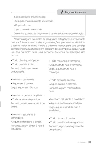 U3 - Dedução 113
Faça você mesmo
3. Leia a seguinte argumentação:
• Se o gato mia então o rato se esconde.
• O gato não mia.
Logo, o rato não se esconde.
Determine qual tipo de silogismo está sendo aplicado na argumentação.
Vejamos alguns exemplos de silogismos categóricos. É importante
que você leia cada uma das argumentações, procurando identificar
o termo maior, o termo médio e o termo menor, para que consiga
compreender a sua função em cada um dos exemplos a seguir. Cada
um dos exemplos tem uma pequena diferença na aplicação dos
termos.
• Todo cão é quadrúpede.
• Tudo que late é cão.
Portanto, tudo que late é
quadrúpede.
• Nenhum cavalo voa.
• Algum ser é cavalo.
Logo, algum ser não voa.
• Nenhuma pedra e de plástico.
• Toda sacola é de plástico.
Portanto, nenhuma sacola é de
pedra.
• Nenhum estudante é
estrangeiro.
• Algum estrangeiro é pintor.
Portanto, algum pintor é não é
estudante.
• Todo morango é vermelho.
• Alguma fruta não é vermelha.
Logo, alguma fruta não é
morango.
• Todo cavalo tem crina.
• Algum cavalo é marrom.
Portanto, algum marrom tem
crina.
• Nenhum estudante é analfabeto.
• Algum estudante é esportista.
Logo, algum esportista não é
analfabeto.
• Todo pássaro é bonito.
• Tudo que é bonito é agradável.
Portanto, algo que é agradável é
um pássaro.
 
