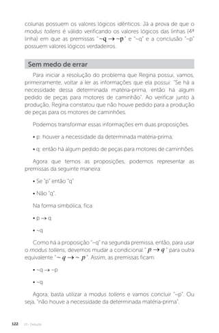 U3 - Dedução
122
colunas possuem os valores lógicos idênticos. Já a prova de que o
modus tollens é válido verificando os valores lógicos das linhas (4ª
linha) em que as premissas “ ~q ~p
→ ” e “~q” e a conclusão “~p”
possuem valores lógicos verdadeiros.
Para iniciar a resolução do problema que Regina possui, vamos,
primeiramente, voltar a ler as informações que ela possui: Se há a
necessidade dessa determinada matéria-prima, então há algum
pedido de peças para motores de caminhão. Ao verificar junto à
produção, Regina constatou que não houve pedido para a produção
de peças para os motores de caminhões.
Podemos transformar essas informações em duas proposições.
• p: houver a necessidade da determinada matéria-prima;
• q: então há algum pedido de peças para motores de caminhões.
Agora que temos as proposições, podemos representar as
premissas da seguinte maneira:
• Se “p” então “q”
• Não “q”.
Na forma simbólica, fica:
• p → q
• ~q
Como há a proposição “~q” na segunda premissa, então, para usar
o modus tollens, devemos mudar a condicional “ p q
→ ” para outra
equivalente “ ~ ~
q p
→ ”. Assim, as premissas ficam:
• ~q → ~p
• ~q
Agora, basta utilizar a modus tollens e vamos concluir “~p”. Ou
seja, “não houve a necessidade da determinada matéria-prima”.
Sem medo de errar
 