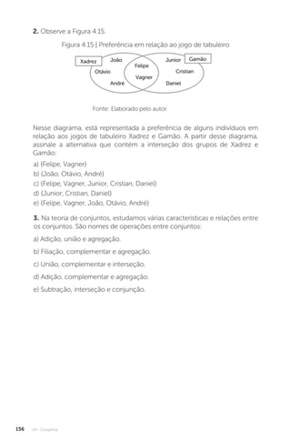 U4 - Conjuntos
156
2. Observe a Figura 4.15.
Figura 4.15 | Preferência em relação ao jogo de tabuleiro
Fonte: Elaborado pelo autor.
Xadrez Gamão
Junior
Daniel
Vagner
Felipe
André
João
Otávio Cristian
Nesse diagrama, está representada a preferência de alguns indivíduos em
relação aos jogos de tabuleiro Xadrez e Gamão. A partir desse diagrama,
assinale a alternativa que contém a interseção dos grupos de Xadrez e
Gamão:
a) {Felipe, Vagner}
b) {João, Otávio, André}
c) {Felipe, Vagner, Junior, Cristian, Daniel}
d) {Junior, Cristian, Daniel}
e) {Felipe, Vagner, João, Otávio, André}
3. Na teoria de conjuntos, estudamos várias características e relações entre
os conjuntos. São nomes de operações entre conjuntos:
a) Adição, união e agregação.
b) Filiação, complementar e agregação.
c) União, complementar e interseção.
d) Adição, complementar e agregação.
e) Subtração, interseção e conjunção.
 