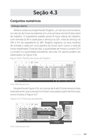 U4 - Conjuntos 157
Seção 4.3
Conjuntos numéricos
Diálogo aberto
Adriano estava acompanhando Rogério, um de seus funcionários,
no cálculo de horas excedentes em uma semana normal (5 dias úteis)
de trabalho. O expediente padrão prevê 8 horas diárias de trabalho,
com entrada às 8h e saída para o almoço às 12h; volta do almoço às
14h e fim do expediente às 18h. Rogério registrou os seus horários
de entrada e saída em uma planilha do Excel, bem como o total de
horas trabalhadas (Total do dia), a quantidade de horas a cumprir (CH
a cumprir) e a quantidade excedente, dia a dia. Os valores podem ser
observados na Figura 4.16.
Fonte: Elaborada pelo autor.
Figura 4.16 | Planilha de horas de Rogério
Na planilha da Figura 4.16, as colunas de A até G foram preenchidas
manualmente;jáascolunasHeIforamcalculadasapartirdefórmulas,
como mostra a Figura 4.17.
Fonte: Elaborada pelo autor.
Figura 4.17 | Fórmulas da planilha
 